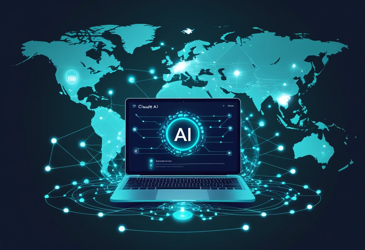 A laptop displaying an AI interface connected through digital network lines to a glowing world map representing global access.