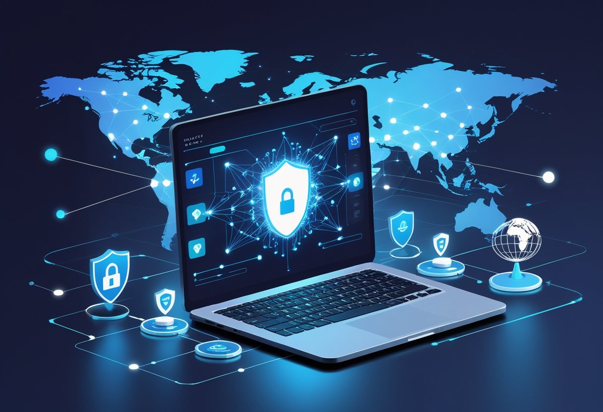 A laptop with an AI interface surrounded by icons representing VPN security and global network connections over a world map background.