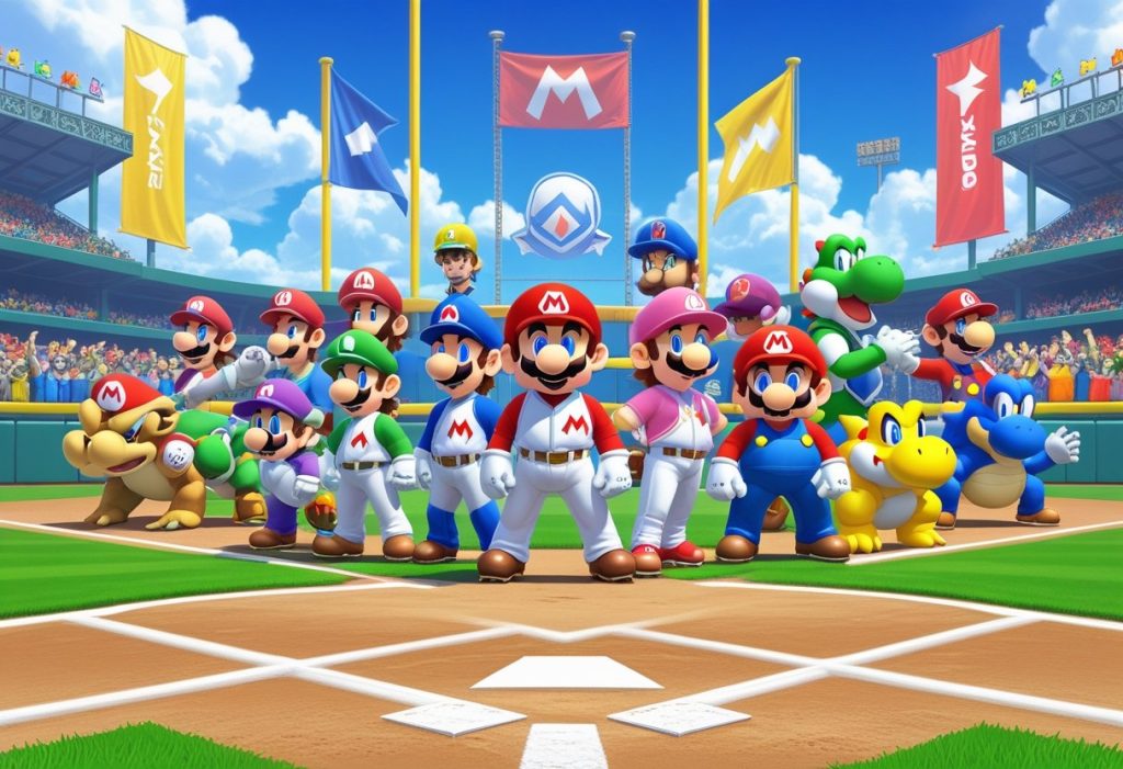 A group of Mario Super Sluggers characters in baseball uniforms standing together on a baseball field with a stadium and cheering fans in the background.