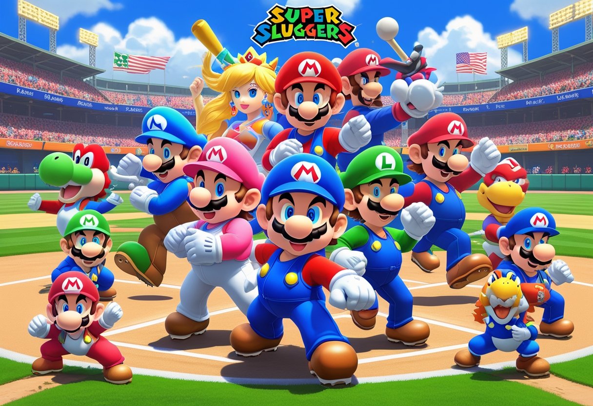 A group of Mario Super Sluggers characters in baseball uniforms standing together on a baseball field with a stadium and cheering crowd in the background.