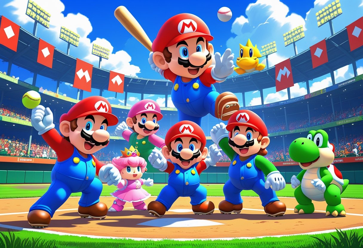Mario Super Sluggers characters playing baseball together on a sunny field with a cheering crowd.