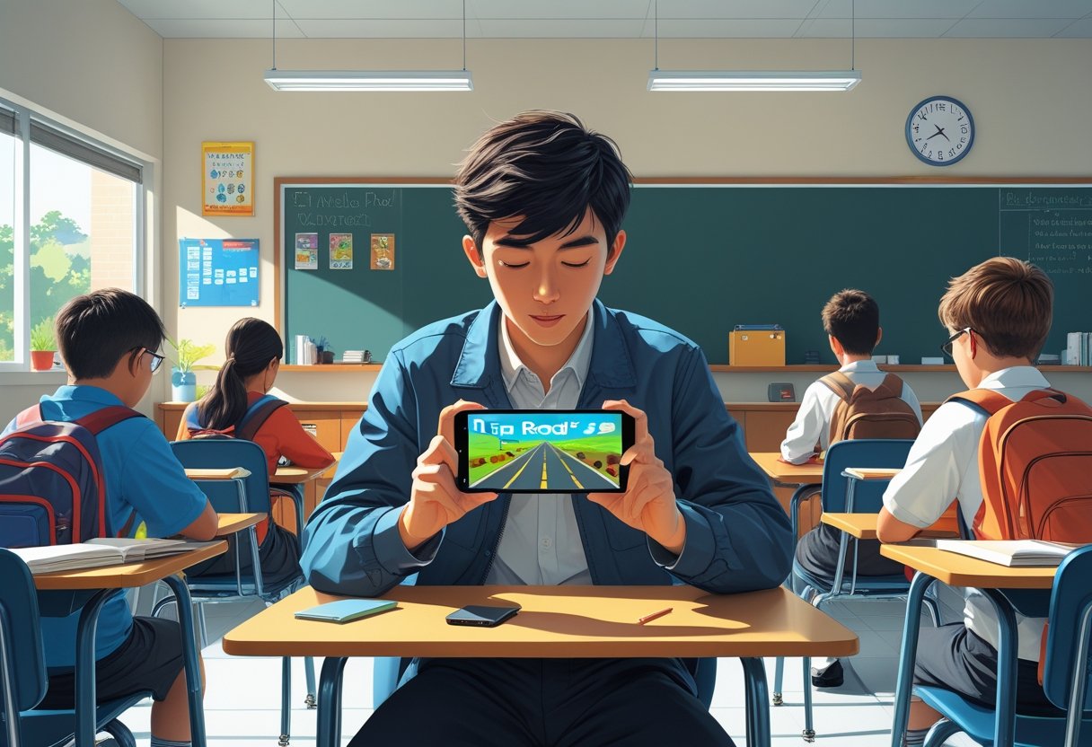 A student quietly playing a mobile game on a smartphone under a school desk while other students study in a classroom.