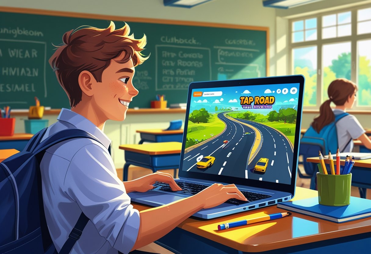 A student playing a road-themed game on a laptop in a school classroom with desks and a chalkboard in the background.