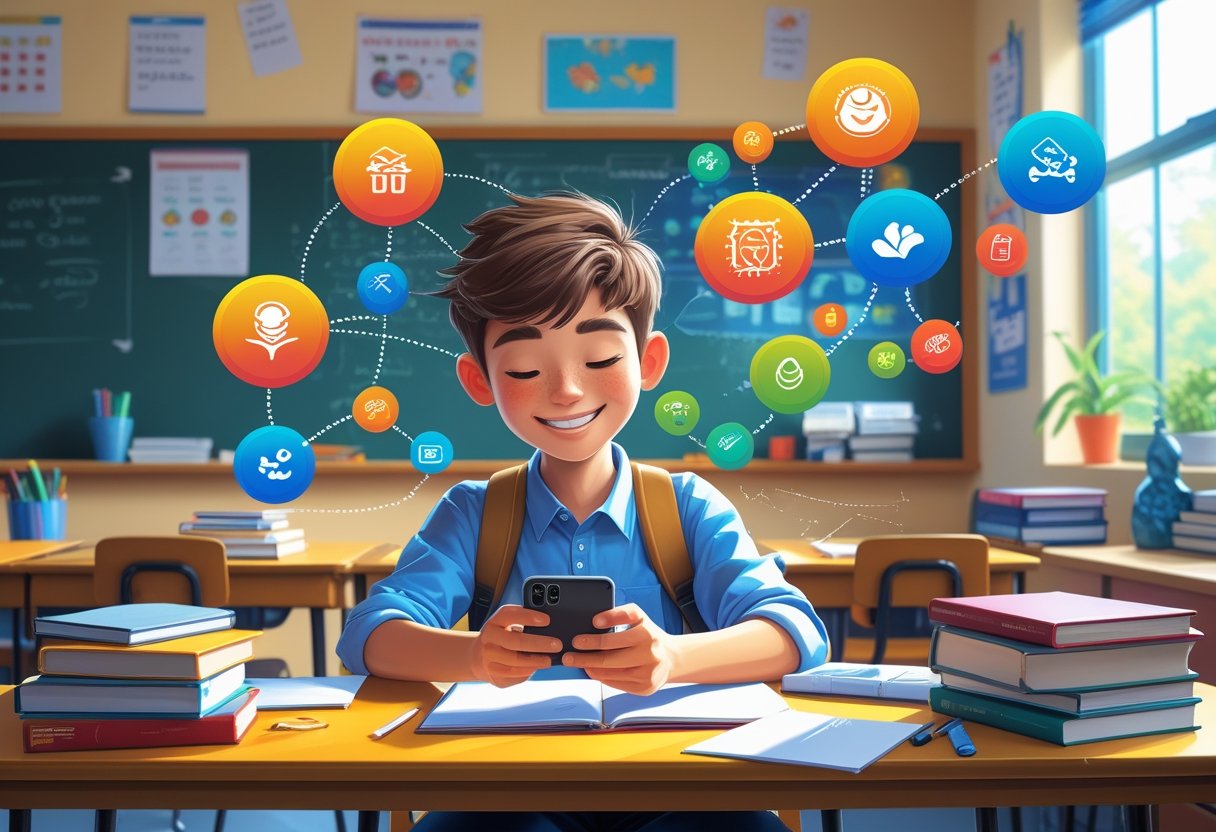 A student playing a mobile game on a smartphone at a school desk in a classroom setting.