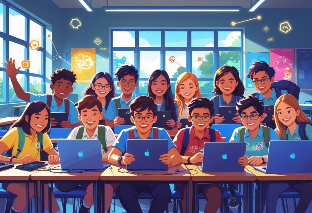 Students in a classroom happily playing video games on laptops and tablets together.