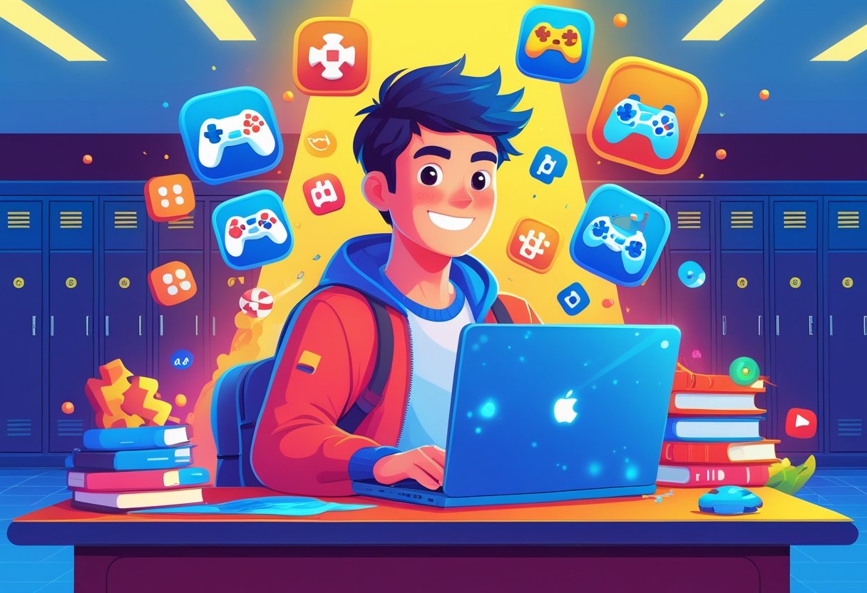 A student at a school desk using a laptop with colorful game icons floating around, in a classroom with lockers in the background.