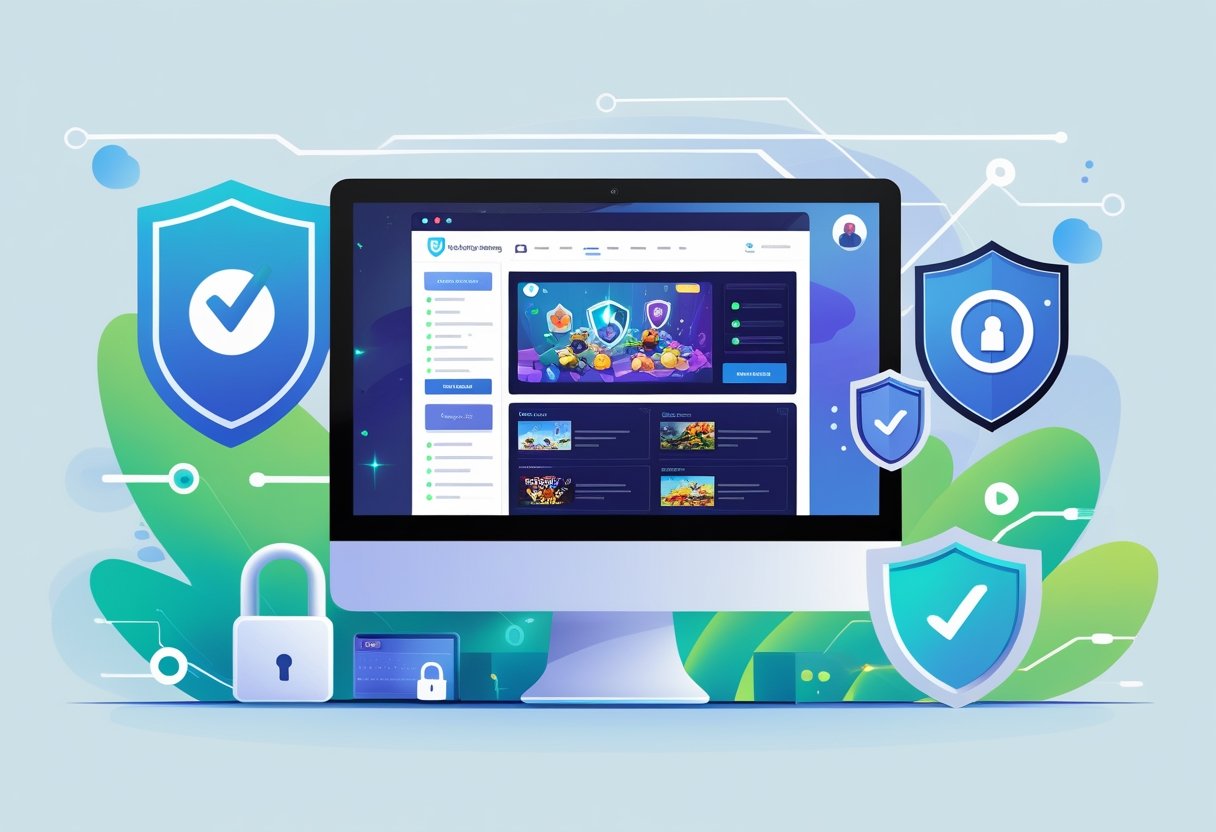 A computer screen showing an online gaming website surrounded by icons representing security and trust, such as a shield with a checkmark and a padlock.