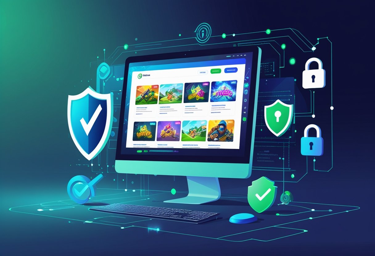 A computer screen showing an online gaming website with security symbols like a shield, padlock, and secure connection icon around it.