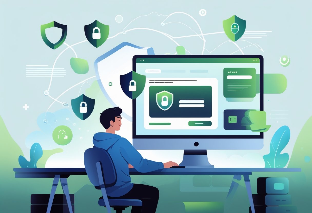 A person sitting at a computer using a gaming website with symbols of security and protection around them.