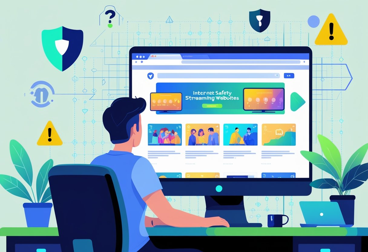 A person at a desk looking at a computer screen showing a streaming website interface, surrounded by symbols representing internet safety and cybersecurity.