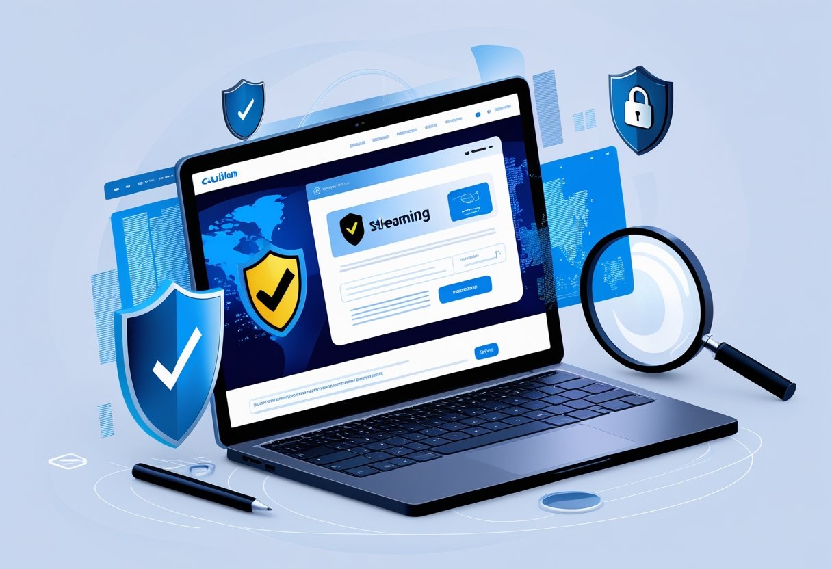 A laptop on a desk showing a streaming website with security icons like a shield, padlock, and magnifying glass around it.