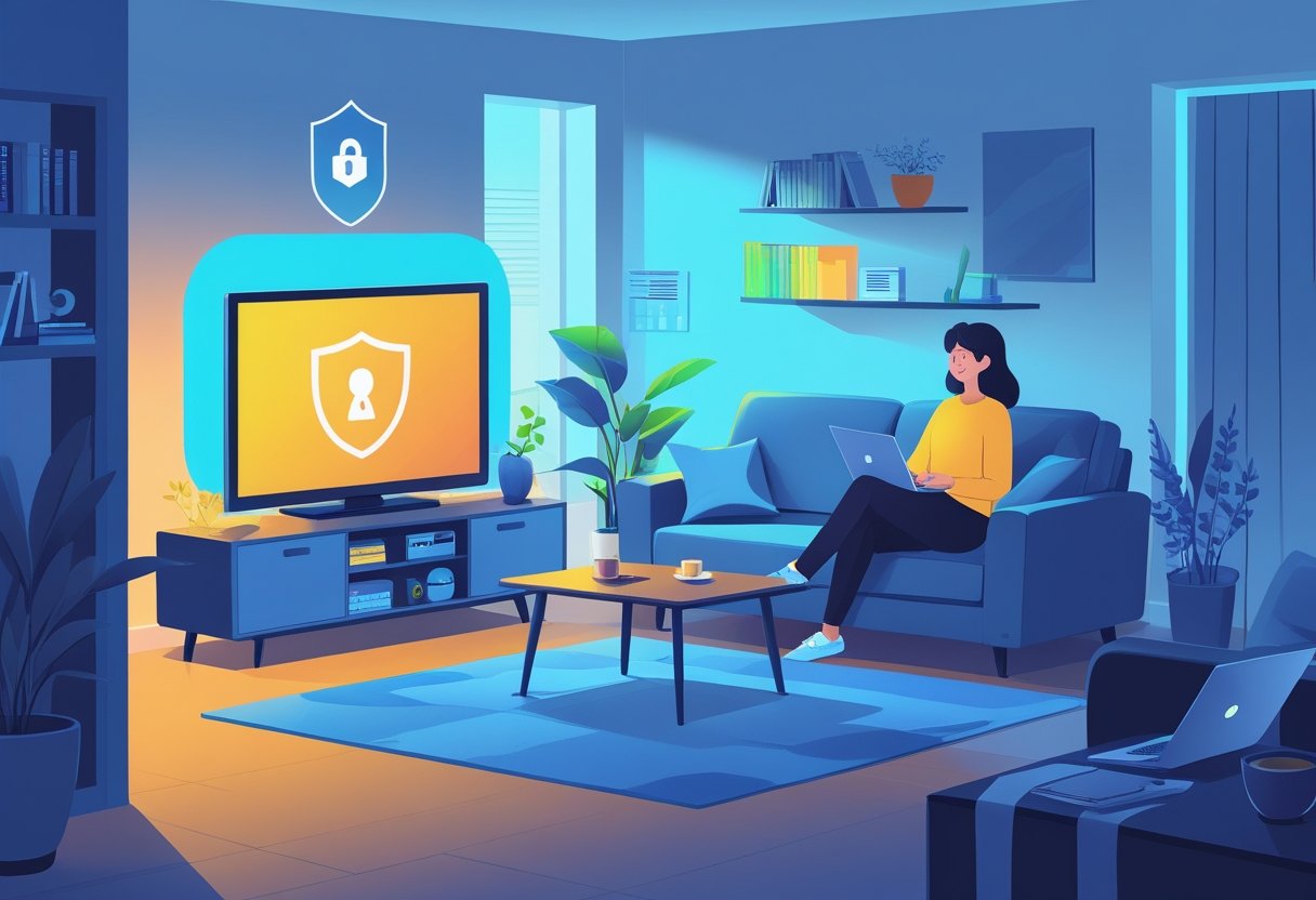 A person watching movies on a TV in a cozy living room with symbols representing online safety and secure streaming.
