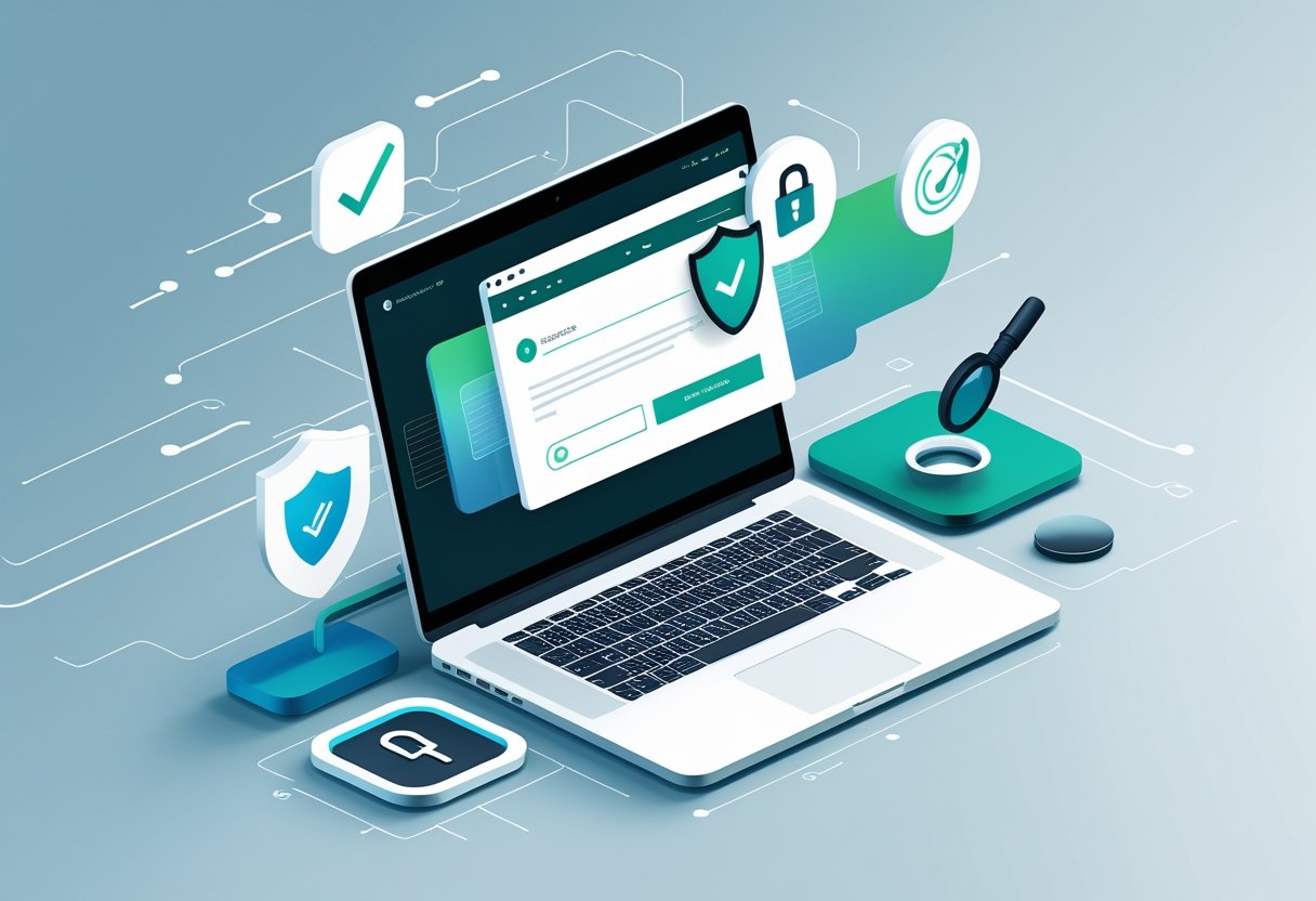 A laptop on a desk showing a secure website interface with icons of a shield, padlock, and magnifying glass around it, symbolizing internet safety.