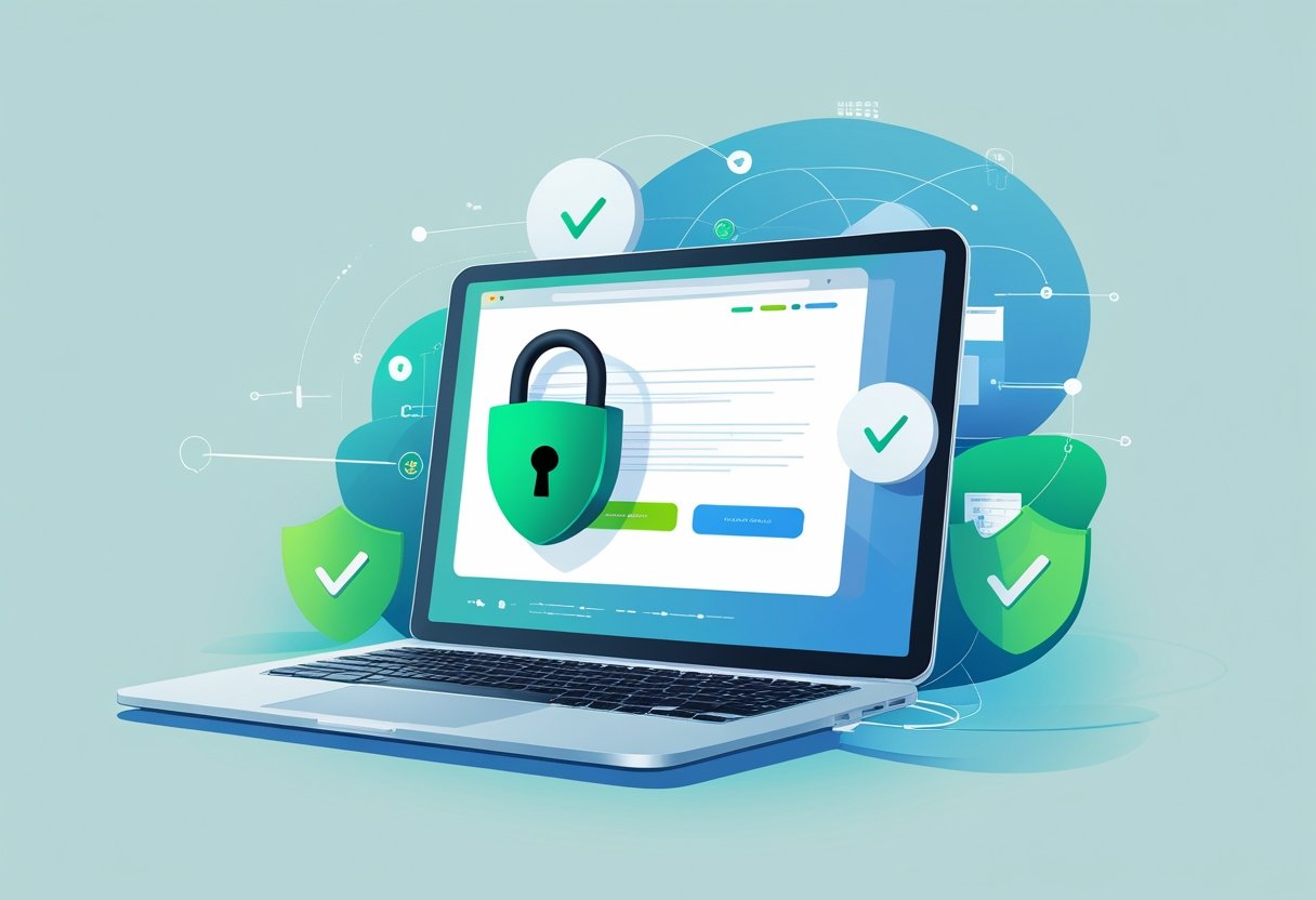 A laptop showing a secure website screen with a green padlock icon, surrounded by shield and check mark symbols representing website safety and trust.