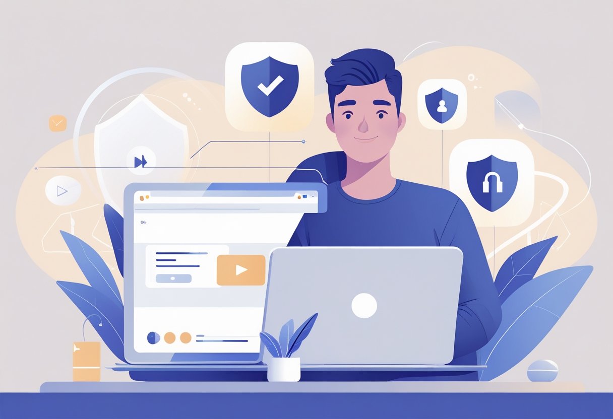 Person sitting at a desk using a laptop with icons representing online safety and streaming movies and TV shows.