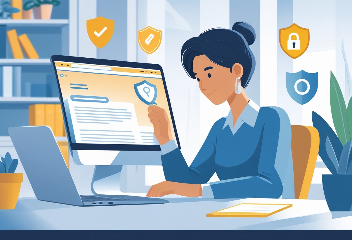 A person sitting at a desk using a laptop surrounded by icons representing internet safety.