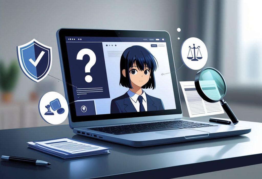 A laptop on a desk showing an anime character with a question mark above, surrounded by icons of a shield, legal scales, and a magnifying glass.