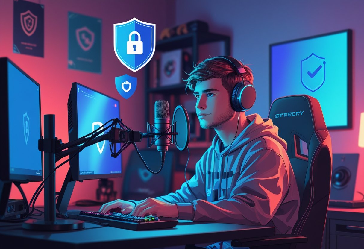 A young adult streamer at a desk with dual monitors and a microphone, surrounded by digital security icons like shields and padlocks, in a cozy streaming room.