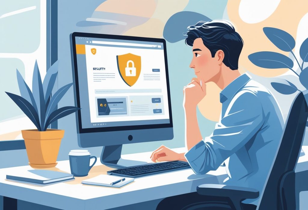 A person sitting at a desk looking thoughtfully at a computer screen with a security shield icon, in a modern office setting.