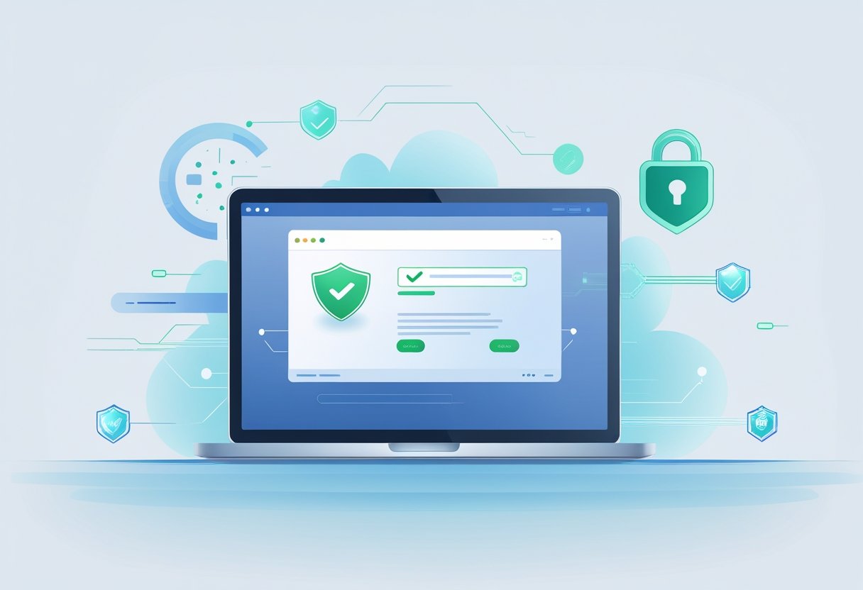 A computer screen showing a secure website interface with icons representing online safety and protection, surrounded by abstract digital security symbols.