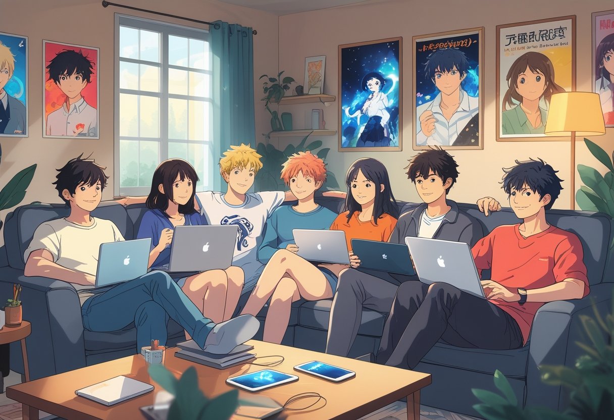 People watching anime on different devices in a cozy living room with symbols representing safety and security.