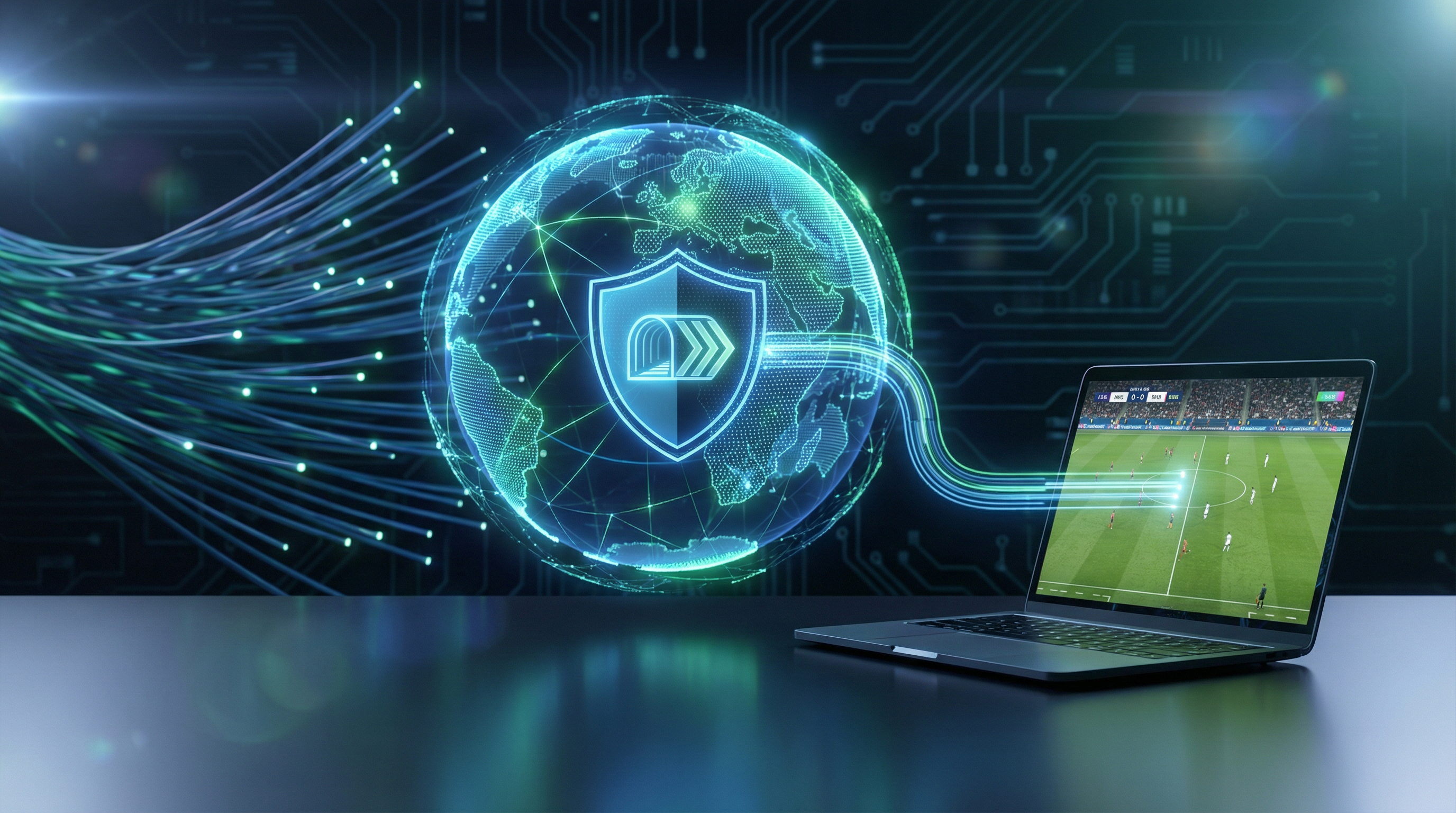 A digital globe with a VPN shield icon connecting to a laptop showing a soccer match.