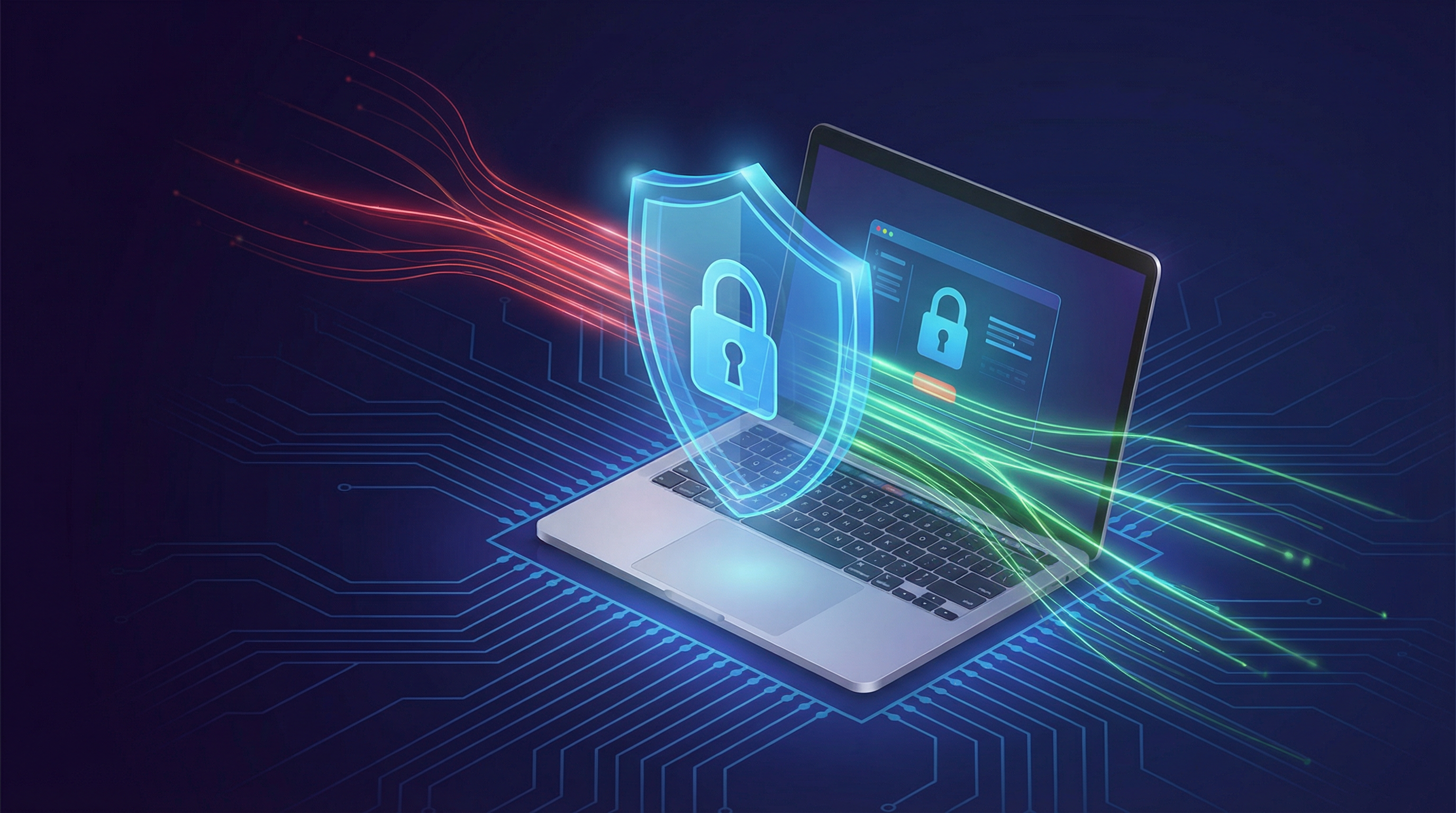 A glowing shield icon protecting a laptop, representing VPN encryption.