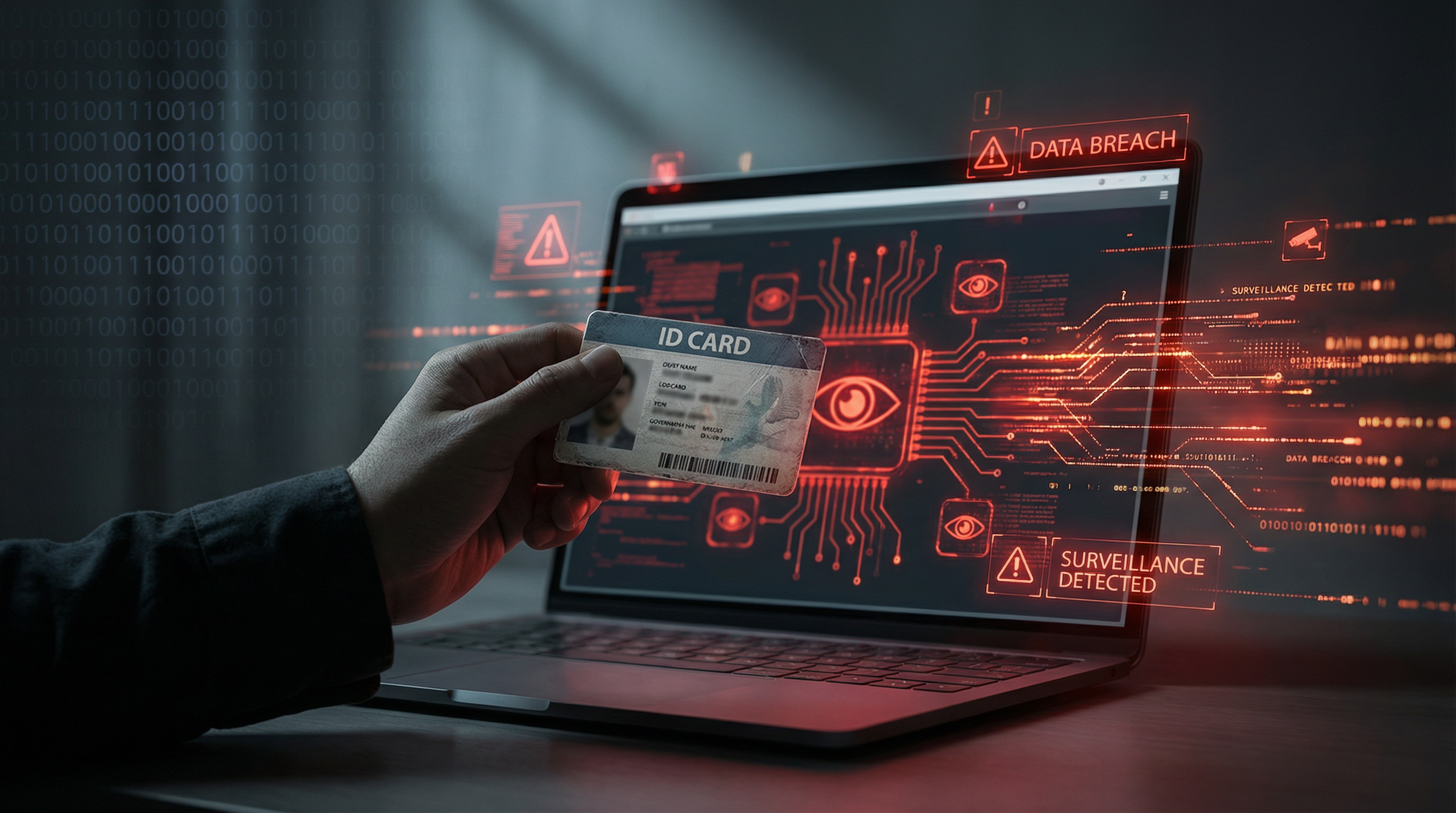 A hand holding an ID card in front of a laptop screen with data breach warnings.