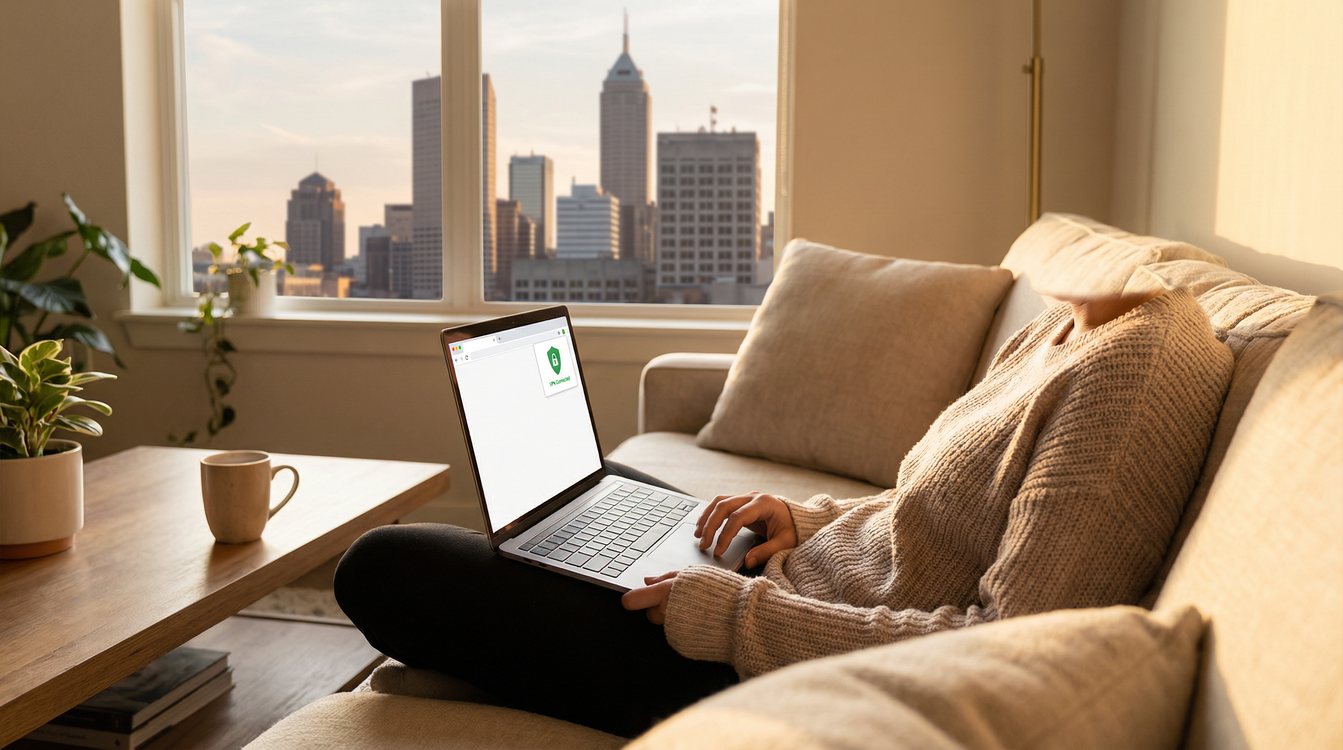A person relaxing at home while securely browsing on a laptop.