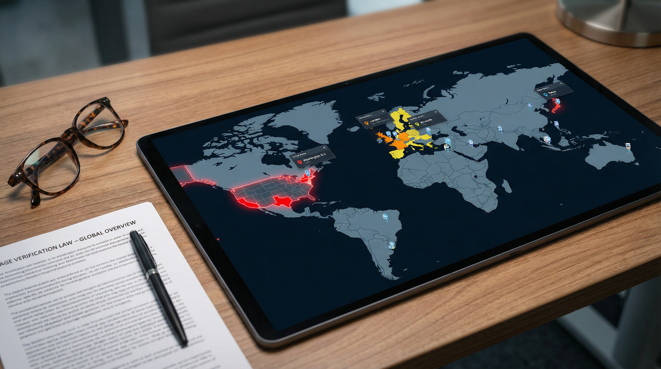 A conceptual image of a world map with different regions highlighted, representing global regulations.