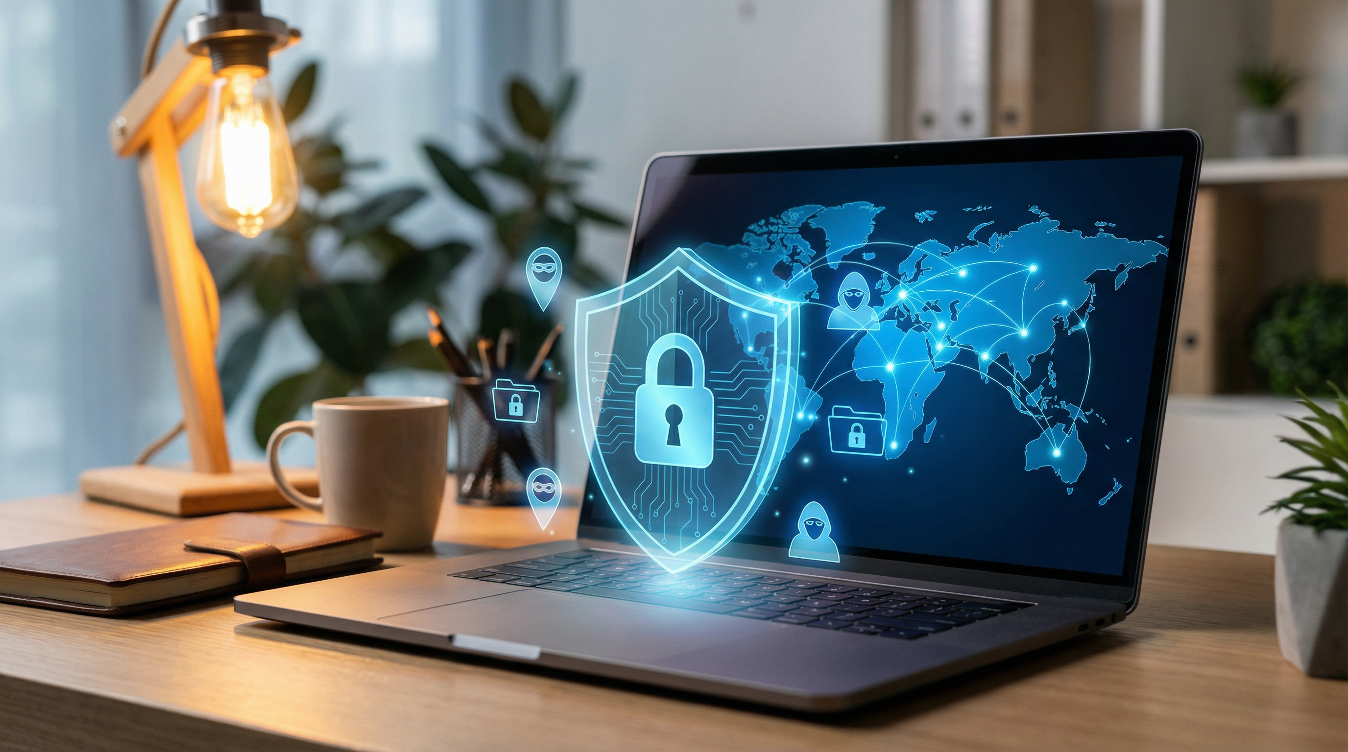 VPN shield protecting a laptop.