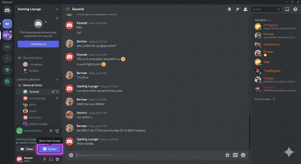 Discord voice channel interface showing screen share button for Crunchyroll streaming