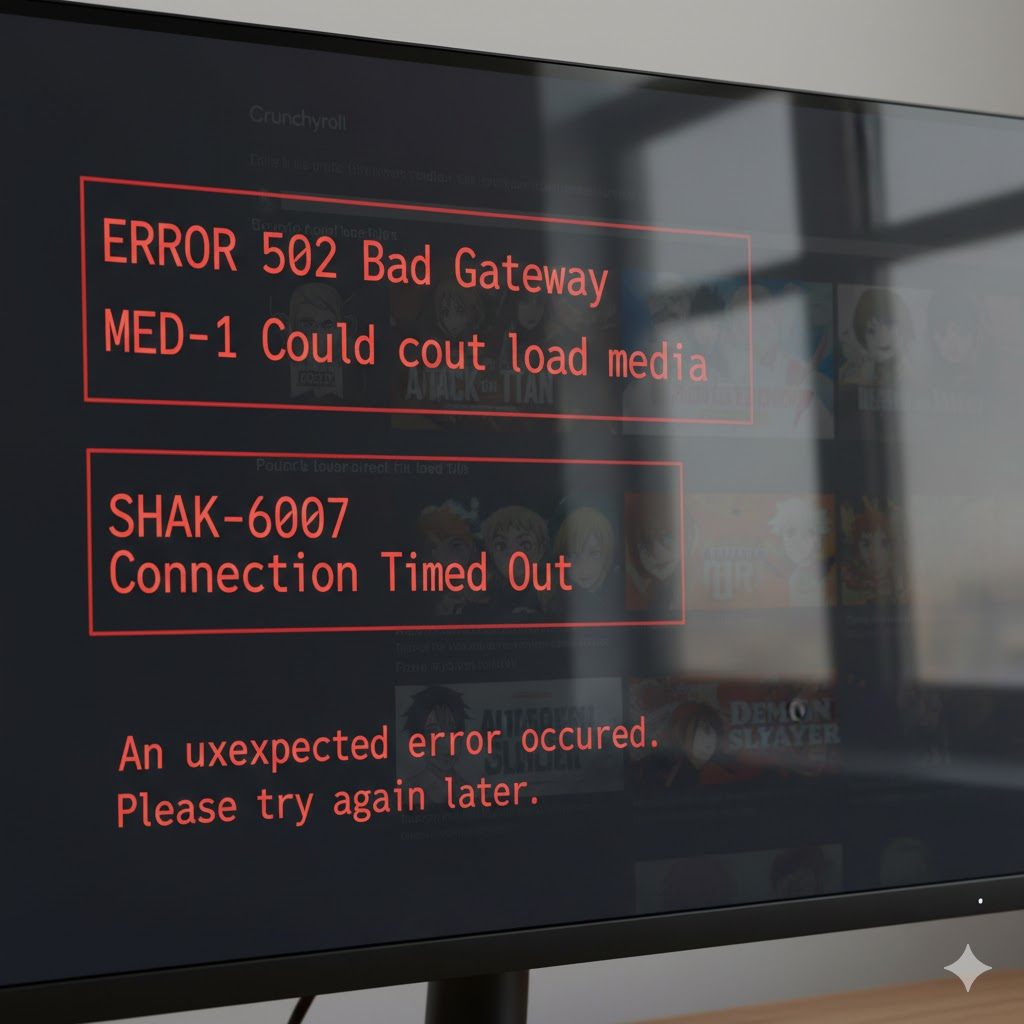Crunchyroll error codes MED-1 SHAK-6007 displayed on computer monitor showing streaming failure